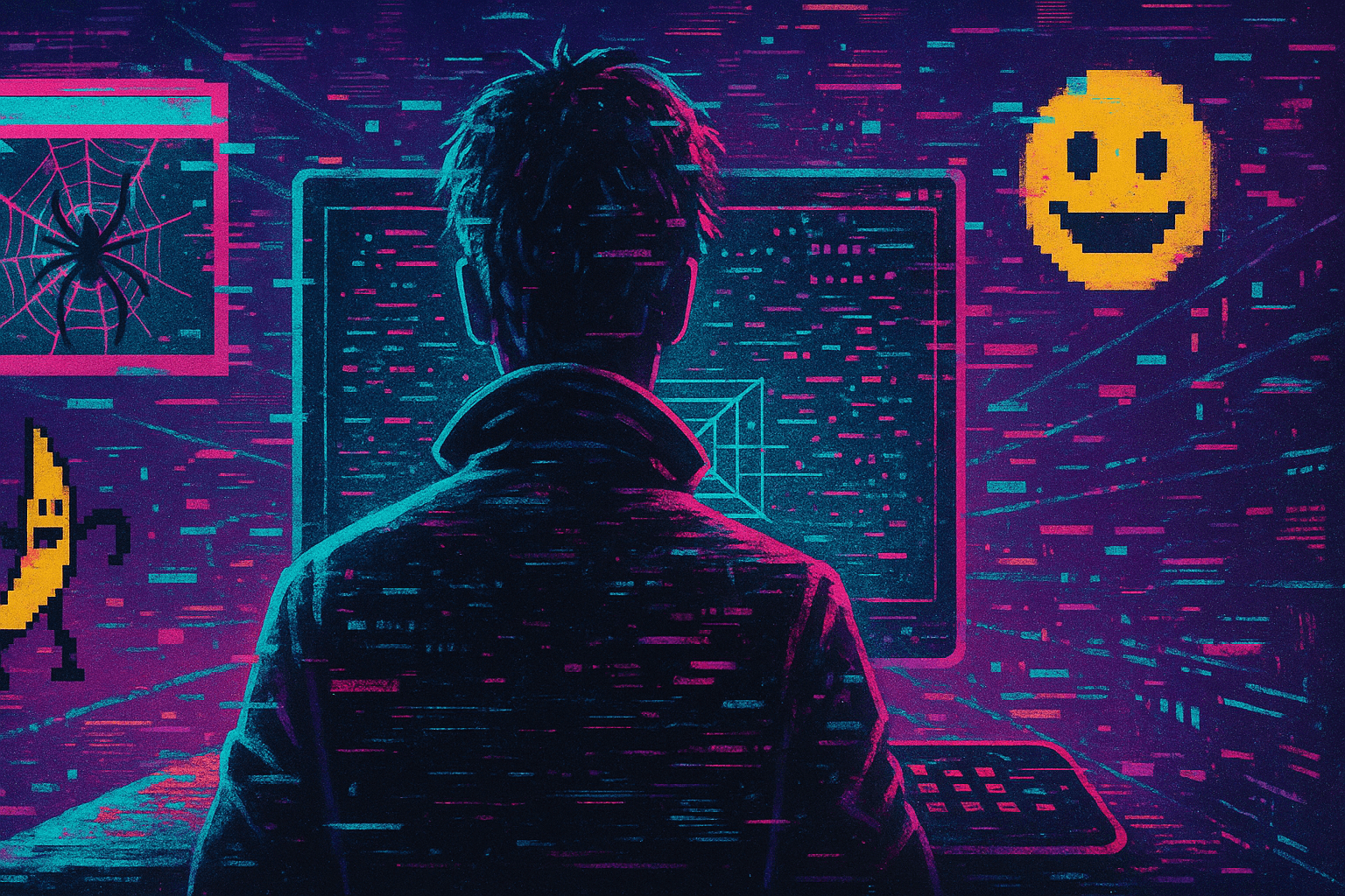 A digital painting in retro-futuristic, cyberpunk style depicting a figure in a high-collared jacket facing a computer screen. The scene is saturated in a retrowave color palette of neon pink, purple, and teal. The screen and background are filled with glitch effects, digital symbols, and hidden web 1.0 easter eggs like a dancing banana, a spider web browser window, and a pixelated smiley face. The atmosphere evokes 90s hacker movies and early visions of 'hacking the internet,' with a surreal and nostalgic vibe. Generated by ChatGPT.